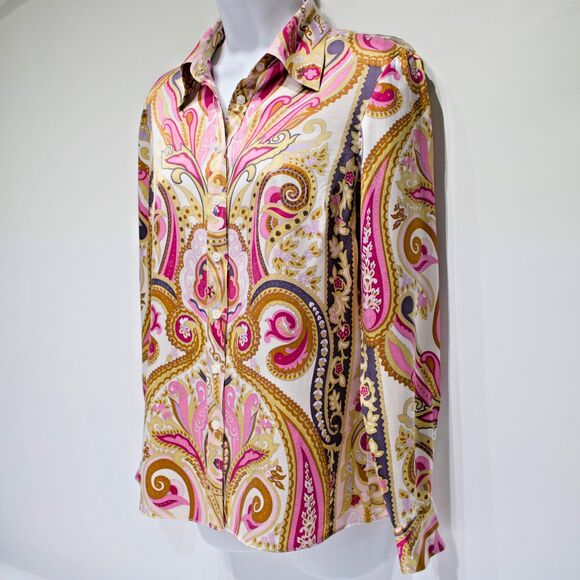 INC 100% Silk Pink Floral Paisley Button Up Top Blouse Long Sleeve Women Size 6 - Picture 3 of 15